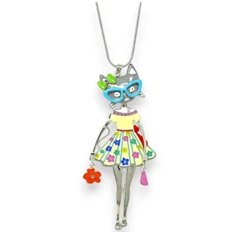 Collier fantaisie argenté Chaton Rétro Coloré