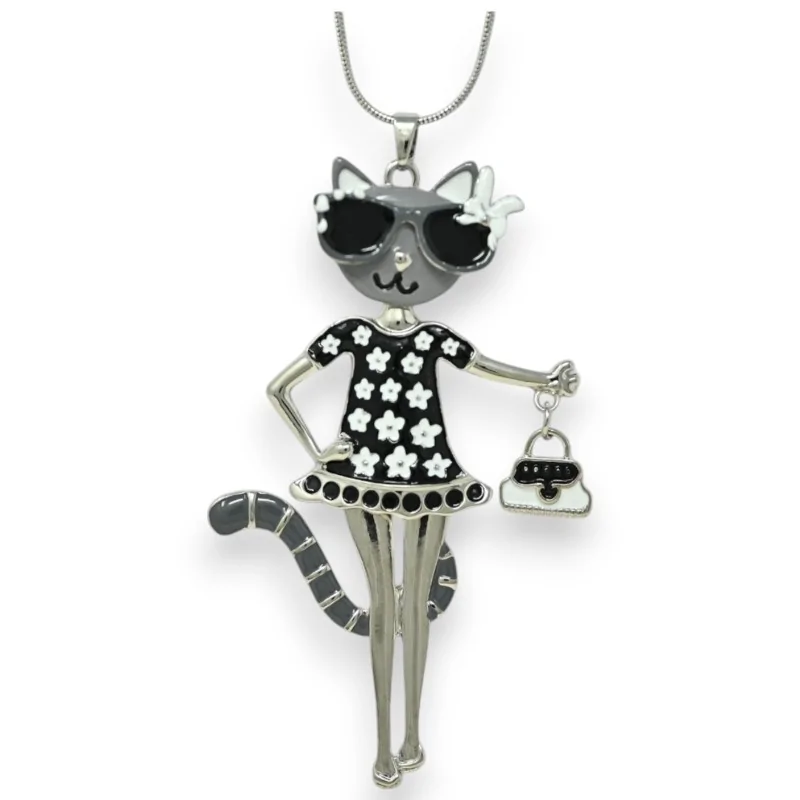 Fashionista Cat Silver Black and White Costume Necklace