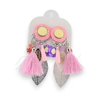 Bohemian clip-on earrings Ikita Pink & Purple