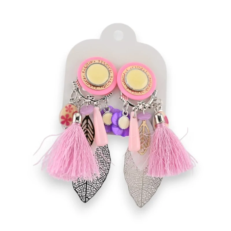 Bohemian Clip-on Earrings Ikita Pink & Purple