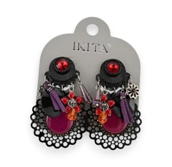 Boucles d'oreilles clips Ikita Dentelle Rouge-Noir