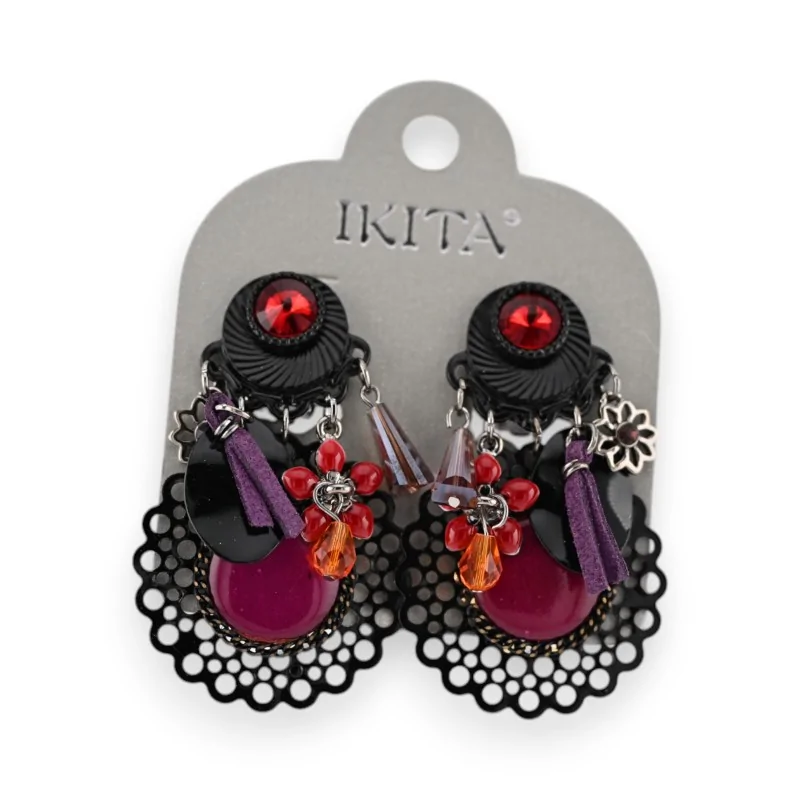 Ikita Red-Black Lace Clip-on Earrings