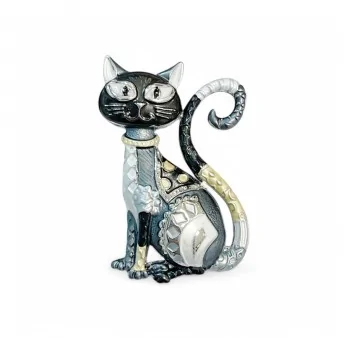 Broche aimantée Chat Argenté et noir Art Déco