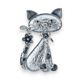 Magnetische Brosche Silberne Blumen-Katze