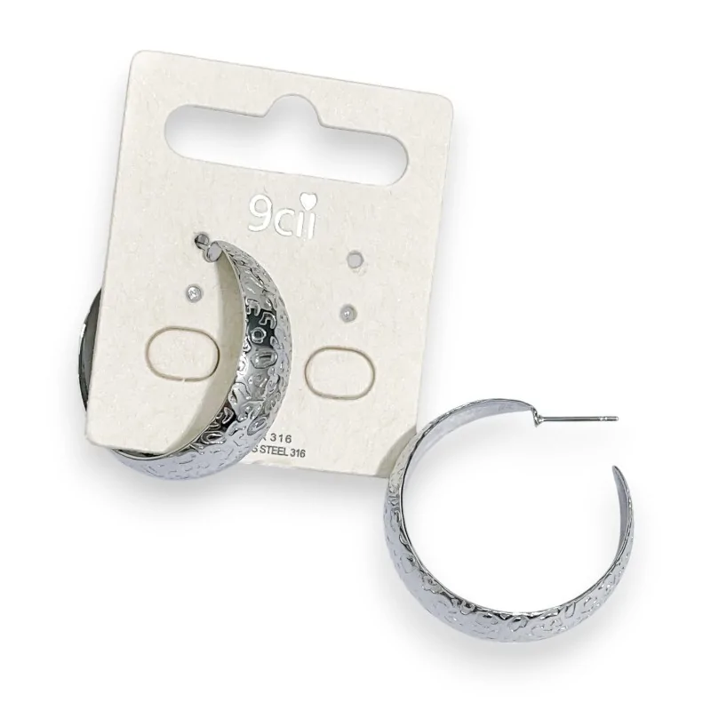 Stainless Steel Silver Hoop Earrings with Embossed Pattern