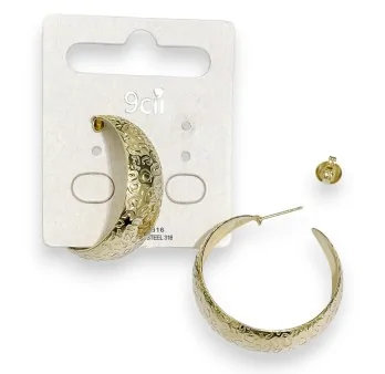 Gold-plated stainless steel hoop earrings with embossed patterns