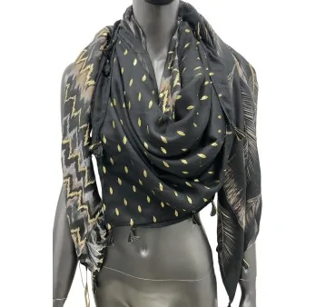 Patchwork Four-Sided Scarf with Black and Gold Patterns