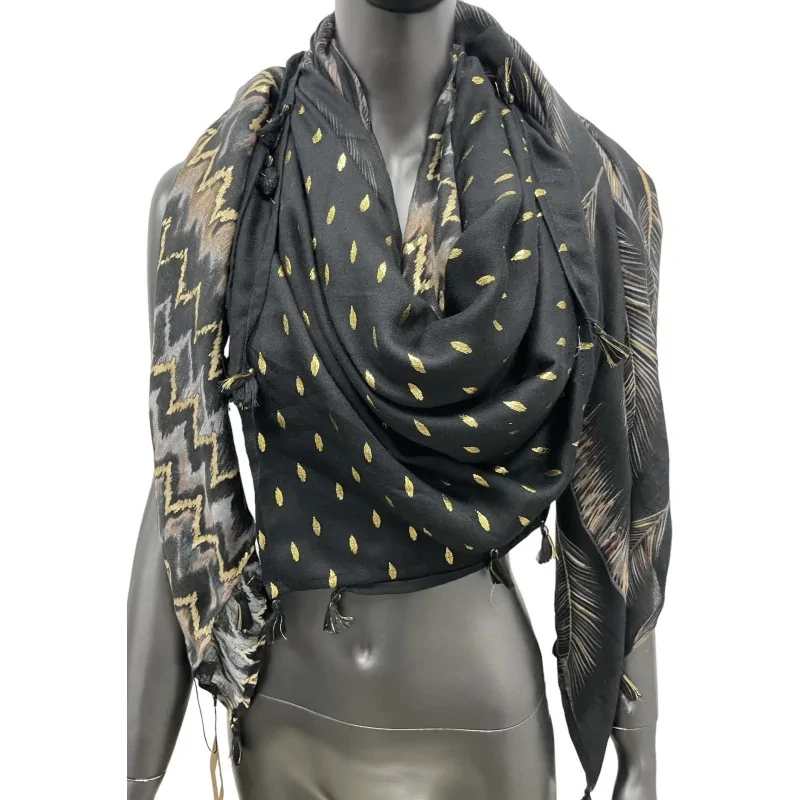 Patchwork Four-Sided Scarf with Black and Gold Patterns