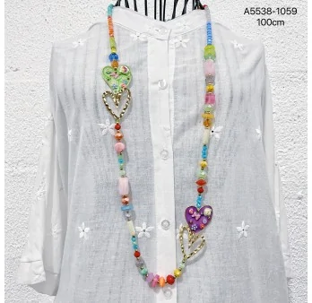 Bohemian Long Necklace with Colorful Floral Hearts