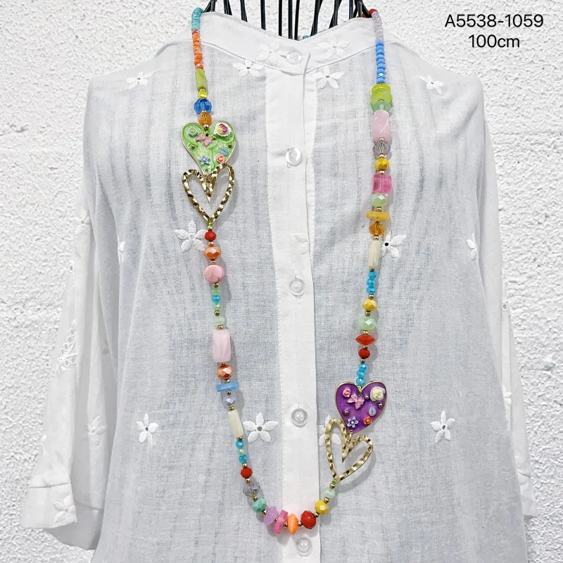 Bohemian Long Necklace with Colorful Floral Hearts