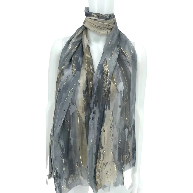 Luxury Grey & Beige Tie-Dye Scarf with Gold Details