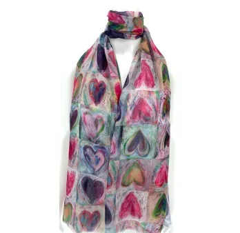 Artistic Scarf with Watercolor Hearts in Fuchsia