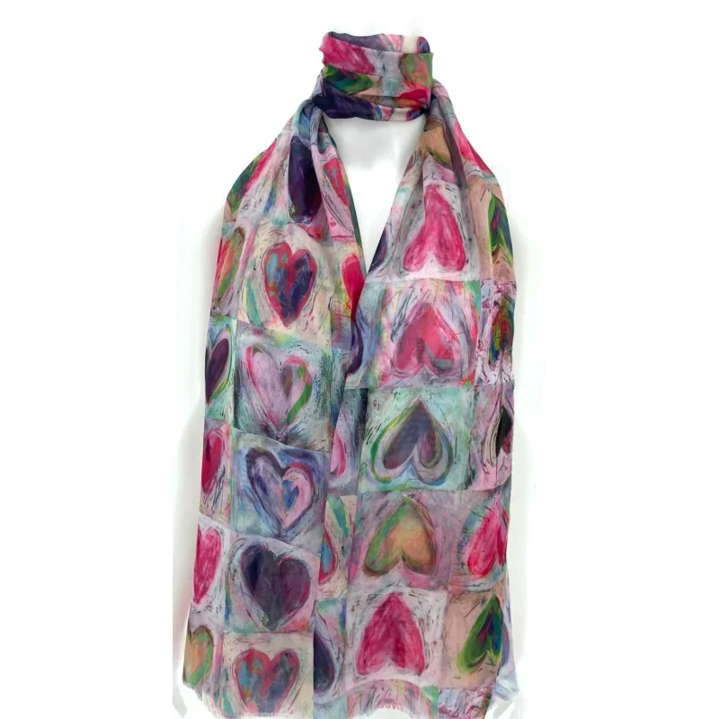 Artistic Scarf with Watercolor Hearts in Fuchsia