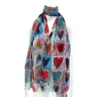 Artistic Scarf with Red Watercolor Hearts