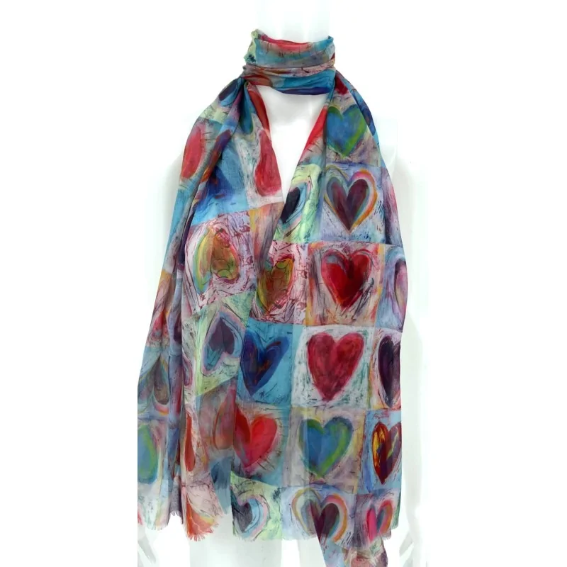 Artistic Scarf with Red Watercolor Hearts