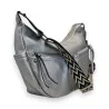 Sac bandoulière argenté multi-poches avec bandoulière motif chevron, style élégant...