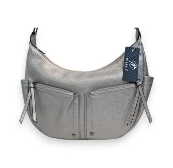 Sac bandoulière argenté en cuir avec multi-poches et étiquette Melanie Paris Sac bandoulière argenté en cuir avec multi-poches et étiquette Melanie Paris