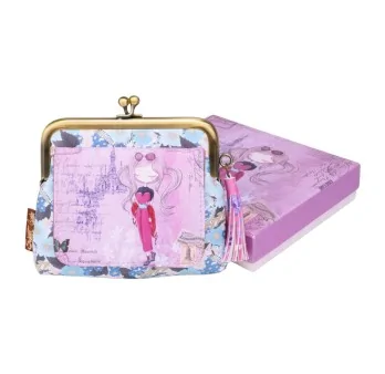 Porte-monnaie rétro rose et bleu avec motif féminin, boîte cadeau assortie Porte-monnaie rétro rose et bleu avec motif féminin, boîte cadeau assortie