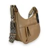 Sac bandoulière beige forme banane avec bandoulière motif géométrique et poche zippée