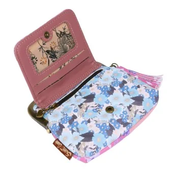Porte-monnaie rose et bleu à motif fleuri, intérieur rose avec dessin de chat, pompon... Porte-monnaie rose et bleu à motif fleuri, intérieur rose avec dessin de chat, pompon...