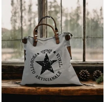 Borsa a mano in tela avorio Vintage Stella nera Borsa a mano in tela avorio Vintage Stella nera