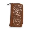 Portefeuille en cuir marron avec motif ajouré floral, fermeture zippée, style élégant
