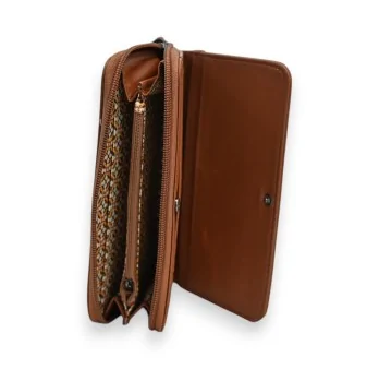 Portefeuille femme Mélanie Paris camel, motif ajouré, plusieurs compartiments, fermet...