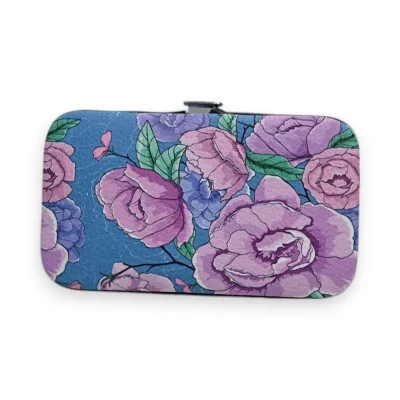 Étui à manucure motif floral violet et bleu, format rectangulaire, style vintage Étui à manucure motif floral violet et bleu, format rectangulaire, style vintage