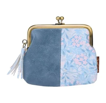 Porte-monnaie rétro bleu clair, moitié cuir moitié motif floral, fermoir doré et po... Porte-monnaie rétro bleu clair, moitié cuir moitié motif floral, fermoir doré et po...