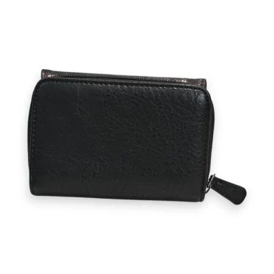 Portefeuille compact noir en cuir avec fermeture éclair, marque Mélanie Paris Portefeuille compact noir en cuir avec fermeture éclair, marque Mélanie Paris