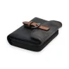 Portefeuille compact noir en cuir avec fermoir marron, style élégant et fonctionnel