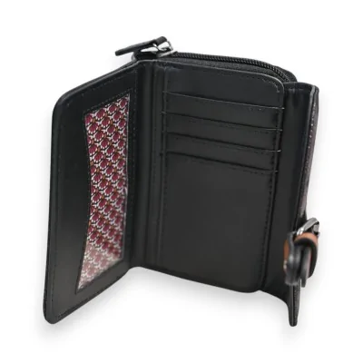 Portefeuille compact noir en cuir avec porte-cartes et compartiment zippé Portefeuille compact noir en cuir avec porte-cartes et compartiment zippé