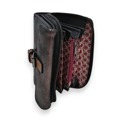 Portefeuille compact noir Mélanie Paris avec intérieur motif fleuri et compartiments Portefeuille compact noir Mélanie Paris avec intérieur motif fleuri et compartiments