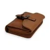 Portefeuille compact en cuir camel avec fermeture à rabat et zip, style élégant