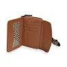 Portefeuille compact en cuir camel avec rangements et motif géométrique, marque Méla...