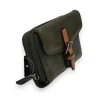 Portefeuille compact en cuir kaki avec fermeture éclair et languette marron, design é...