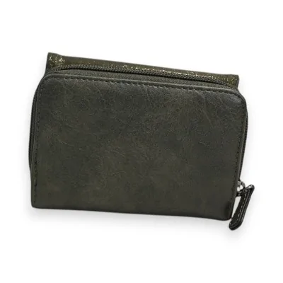 Portefeuille compact en cuir kaki foncé avec fermeture éclair, design épuré et prat... Portefeuille compact en cuir kaki foncé avec fermeture éclair, design épuré et prat...