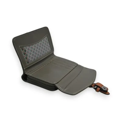 Portefeuille compact kaki ouvert avec compartiments et fermeture à glissière Portefeuille compact kaki ouvert avec compartiments et fermeture à glissière