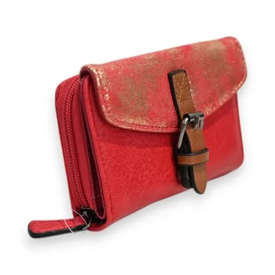 Portefeuille compact rouge à paillettes avec fermeture éclair et boucle en cuir marron Portefeuille compact rouge à paillettes avec fermeture éclair et boucle en cuir marron
