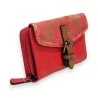 Portefeuille compact rouge à paillettes avec fermeture éclair et boucle en cuir marron