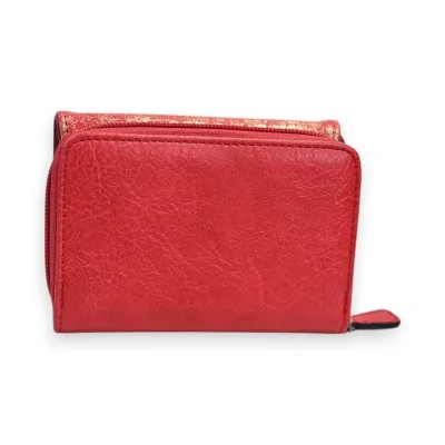 Portefeuille compact rouge en cuir texturé avec détails pailletés dorés, marque Mé... Portefeuille compact rouge en cuir texturé avec détails pailletés dorés, marque Mé...
