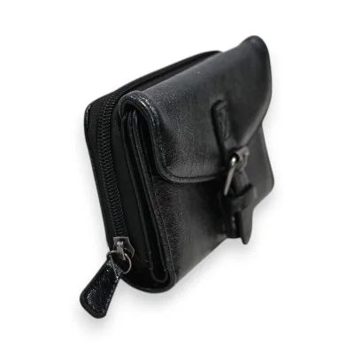 Portefeuille compact noir brillant en cuir avec fermeture éclair et rabat à boucle
