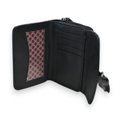 Portefeuille compact noir brillant Mélanie Paris ouvert avec compartiments et doublure...