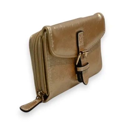 Portefeuille compact doré brillant en cuir avec fermeture à boucle et fermeture éclair