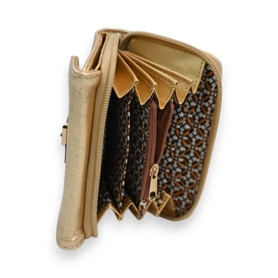 Portefeuille compact doré brillant Mélanie Paris ouvert montrant compartiments intér...