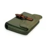 Portefeuille compact en cuir vert amande avec fermeture éclair et languette marron