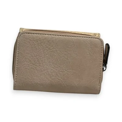 Portefeuille compact en cuir taupe avec fermeture éclair dorée, style élégant Méla... Portefeuille compact en cuir taupe avec fermeture éclair dorée, style élégant Méla...