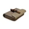 Portefeuille compact en cuir taupe et or avec fermoir marron, design élégant et pratique