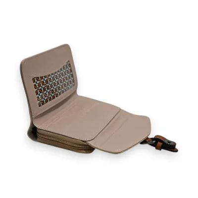 Portefeuille compact beige et or avec détails ajourés et fermeture éclair Portefeuille compact beige et or avec détails ajourés et fermeture éclair