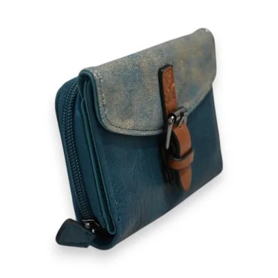 Portefeuille compact bleu pétrole et or Mélanie Paris avec fermeture éclair et rabat Portefeuille compact bleu pétrole et or Mélanie Paris avec fermeture éclair et rabat